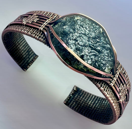 Mens (size) Moldavite Copper Bracelet