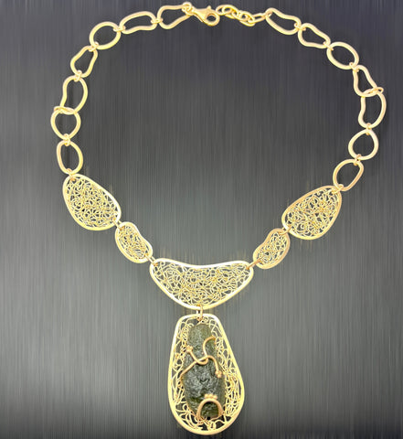 Ornate Moldavite Necklace - Gold plated Sterling silver