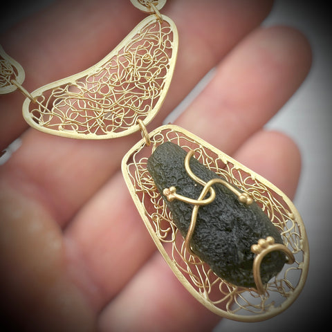 Ornate Moldavite Necklace - Gold plated Sterling silver