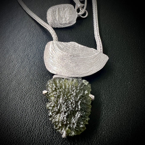 Rhodium-Plated Moldavite Pendant