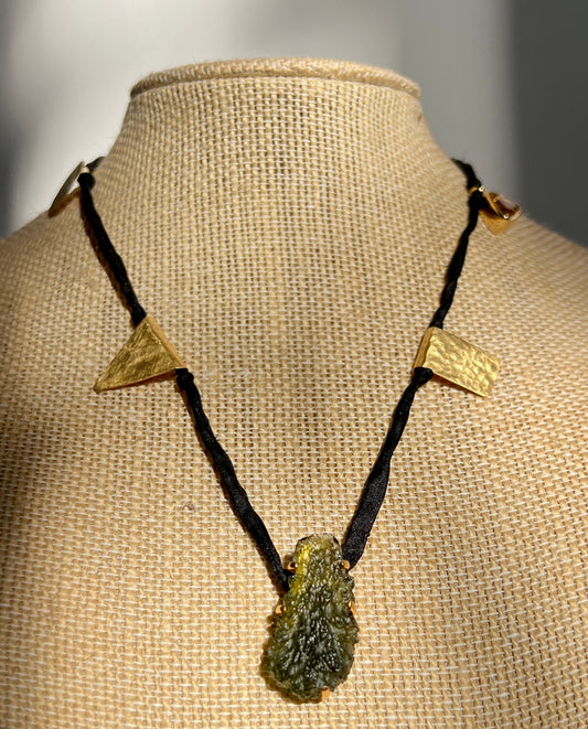 Silk-Cord, Gold Plated Moldavite necklace.