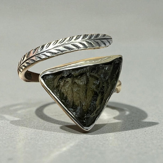 Inverted Triangle Moldavite Silver Ring- Open Size 11 (W)
