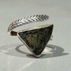 Inverted Triangle Moldavite Silver Ring- Open Size 11 (W)