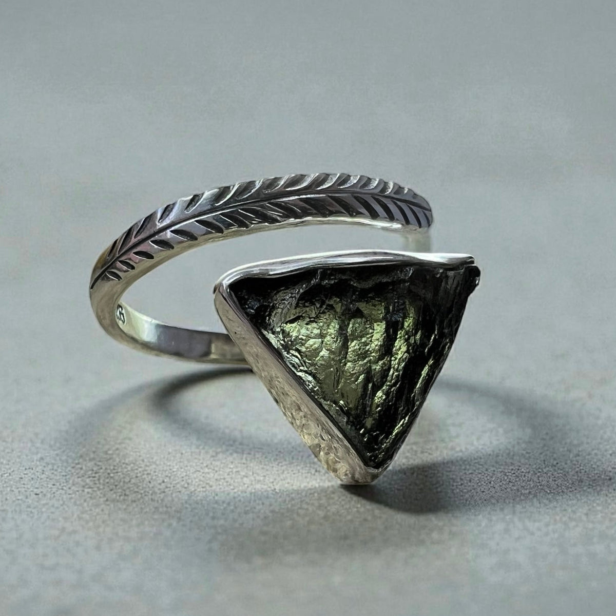 Inverted Triangle Moldavite Silver Ring- Open Size 11 (W)
