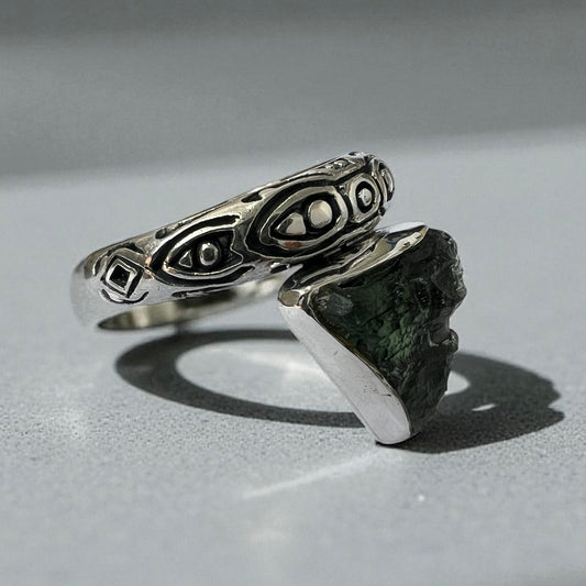 Inverted Triangle Moldavite Silver Ring – Size 11 (W)