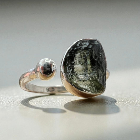 Raw Moldavite Silver Ring with Orb Accent – Open Size 11 (X)