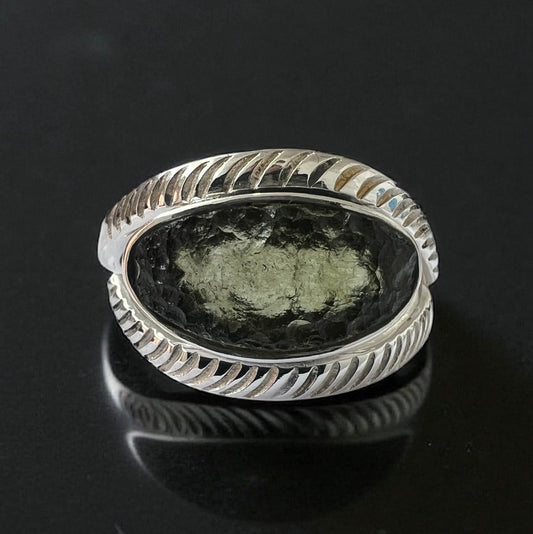 Raw Moldavite Feather Band Design Silver Ring – Size 12 (Y)