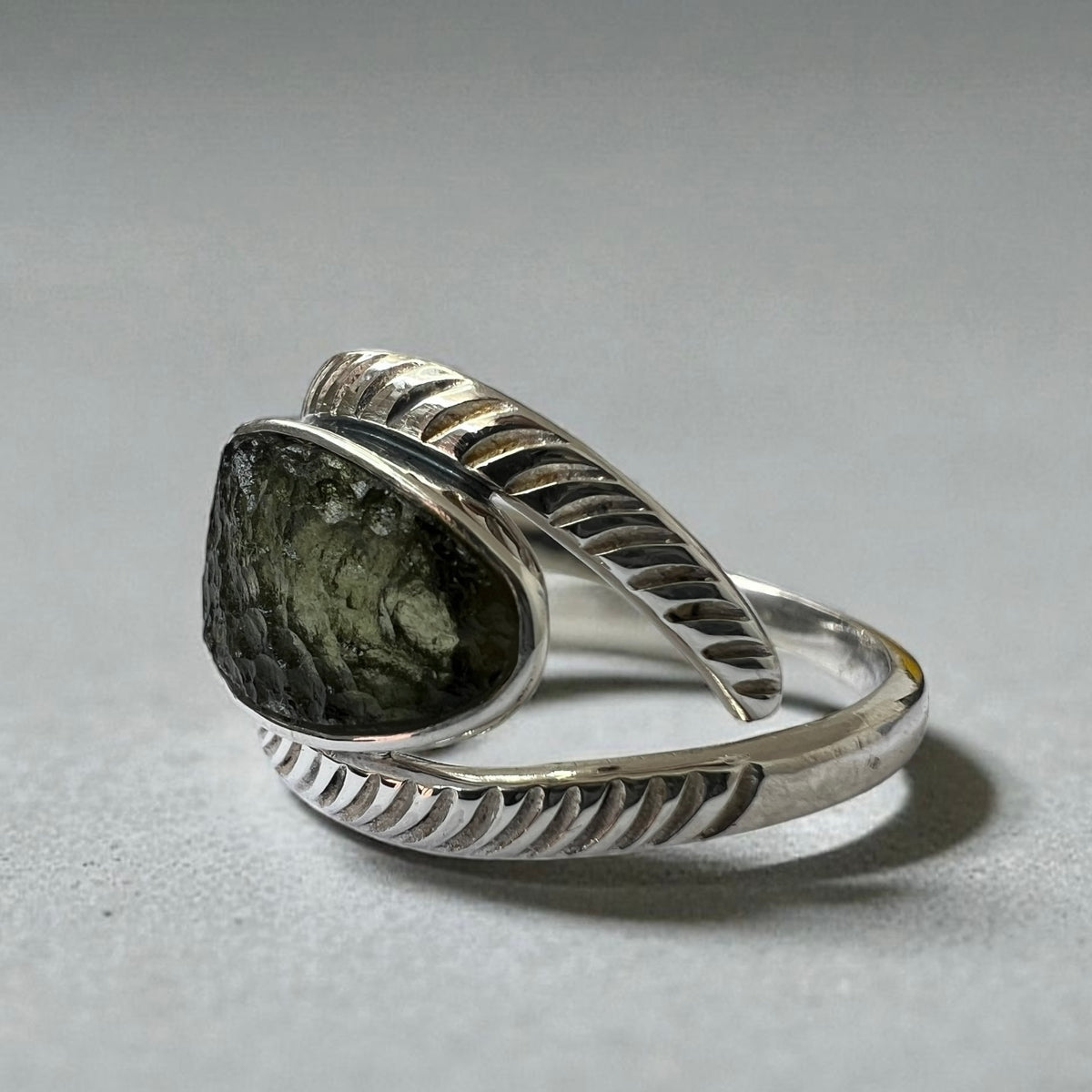 Raw Moldavite Feather Band Design Silver Ring – Size 12 (Y)