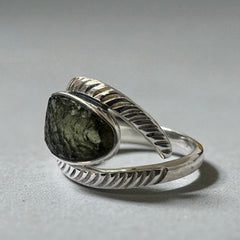 Raw Moldavite Feather Band Design Silver Ring – Size 12 (Y)