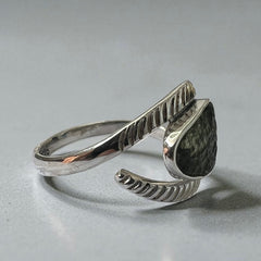 Raw Moldavite Feather Band Design Silver Ring – Size 12 (Y)