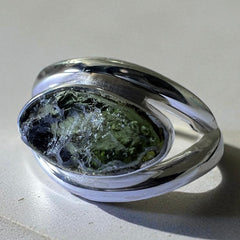 Oval Eye Shaped Moldavite Silver Ring – Size 6 (M)