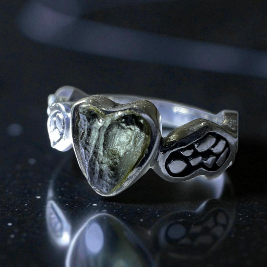 Long Heart Shaped Moldavite Silver Ring – Size 6 (N)