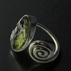 Spiral Oval Moldavite Silver Ring – Open Size 6 (N)
