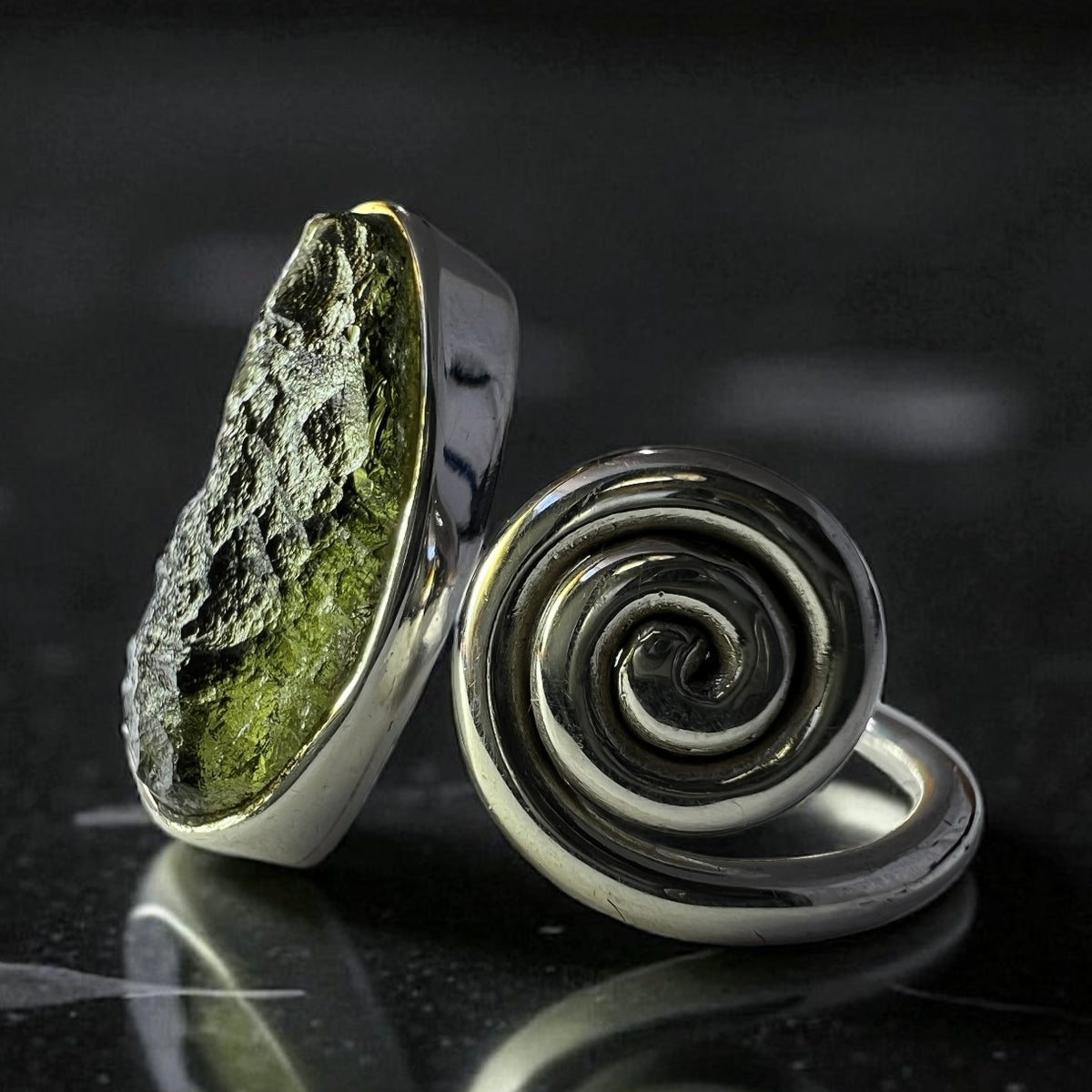 Spiral Oval Moldavite Silver Ring – Open Size 6 (N)