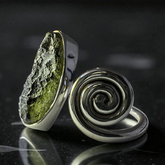 Spiral Oval Moldavite Silver Ring – Open Size 6 (N)