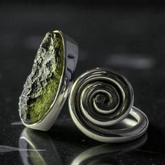 Spiral Oval Moldavite Silver Ring – Open Size 6 (N)