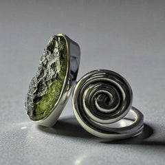 Spiral Oval Moldavite Silver Ring – Open Size 6 (N)