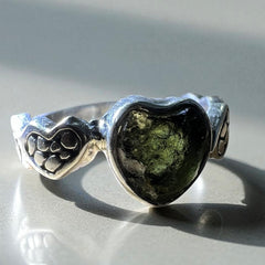 Heart Shaped Moldavite Silver Ring –  Size 8 (Q)
