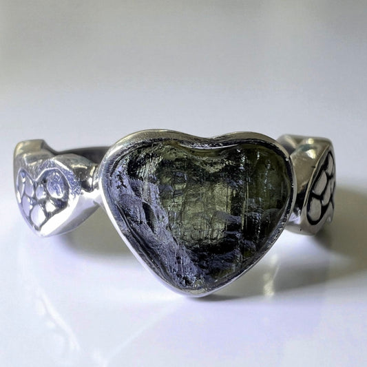 Wide Heart Shaped Moldavite Silver Ring – Size 8 (Q)