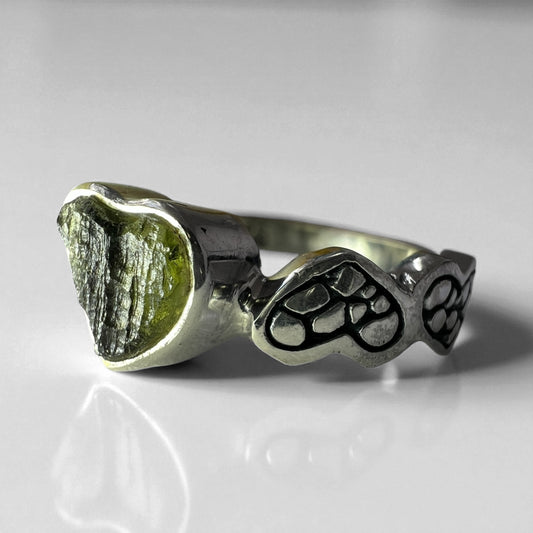Wide Heart Shaped Moldavite Silver Ring – Size 8 (Q)