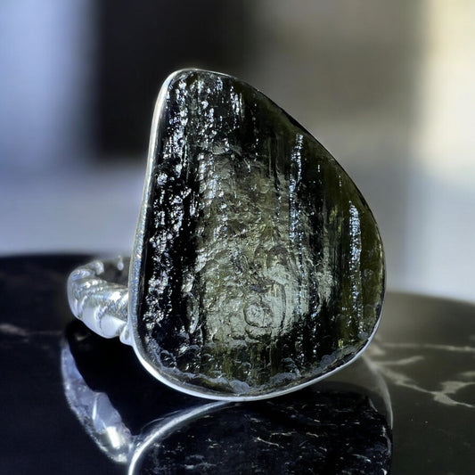 Trinity Spiral Moldavite Silver Ring – Size 8 (Q)