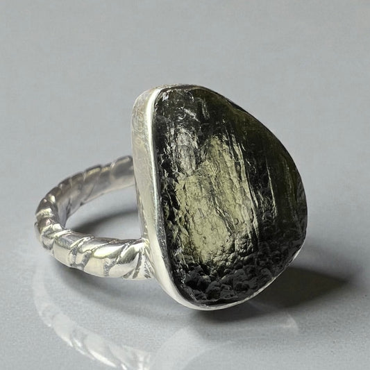 Trinity Spiral Moldavite Silver Ring – Size 8 (Q)