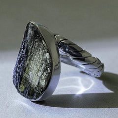 Trinity Spiral Moldavite Silver Ring – Size 8 (Q)