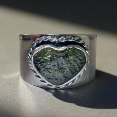 Heart Band Moldavite Silver Ring – Open Size 8 (R)