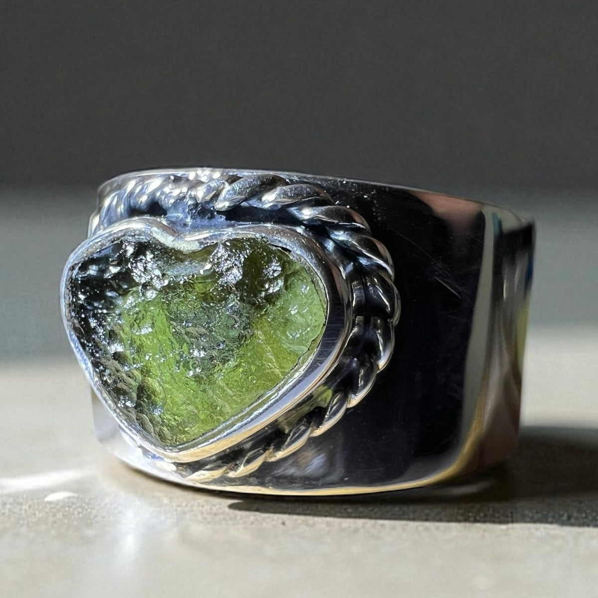 Heart Band Moldavite Silver Ring – Open Size 8 (R)