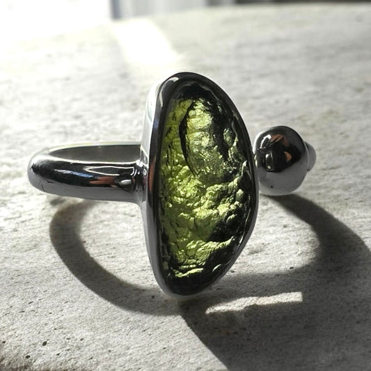 Elliptical Moldavite Silver Ring – Open Size 9 (S)