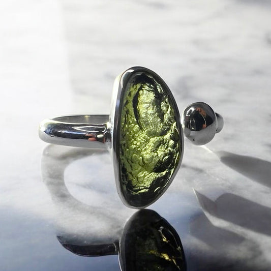 Elliptical Moldavite Silver Ring – Open Size 9 (S)