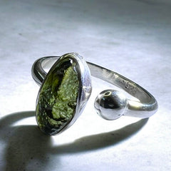Elliptical Moldavite Silver Ring – Open Size 9 (S)