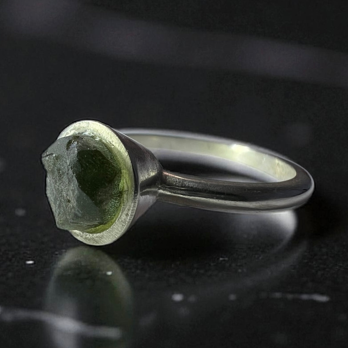 Dainty Sterling Silver Moldavite Ring – Size L (5.75)