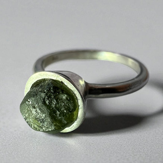 Dainty Sterling Silver Moldavite Ring – Size L (5.75)