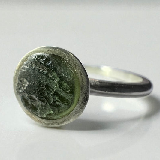 Dainty Sterling Silver Moldavite Ring – Size N (6.5)