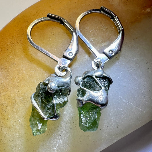 Moldavite Earrings, soft soldered pewter.