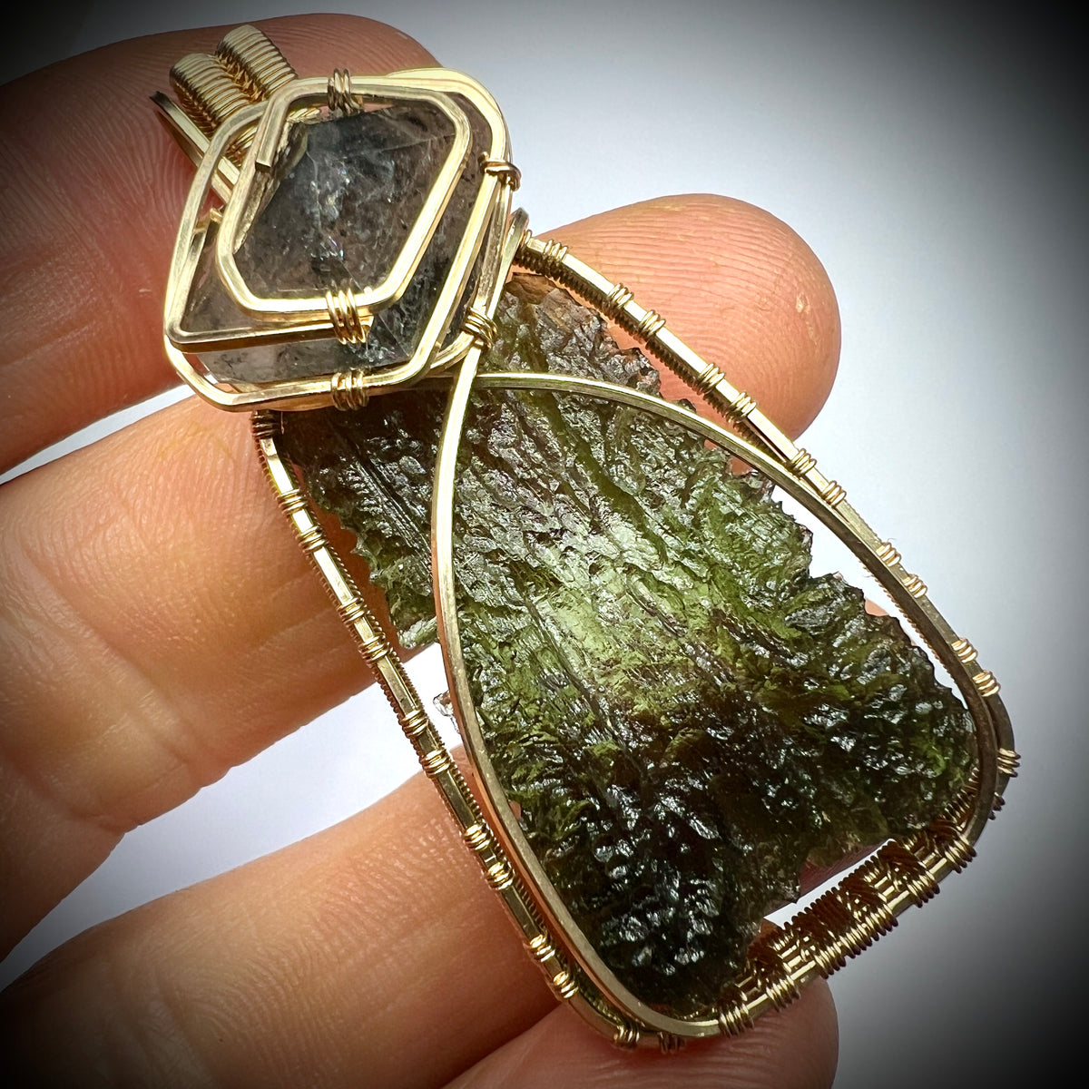 Spectacular Moldavite/Gold Herkimer Diamond Pendant