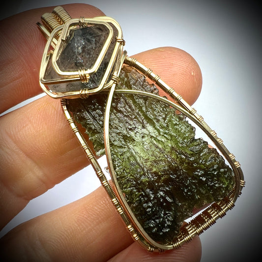 Spectacular Moldavite/Gold Herkimer Diamond Pendant