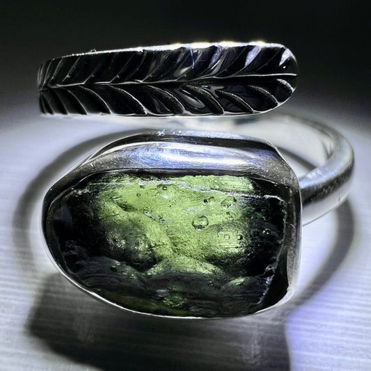 Spiral Sterling Silver Moldavite Ring 