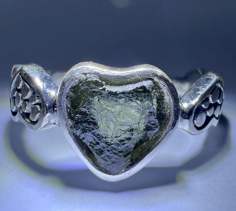 Sterling Silver Moldavite Heart Ring 