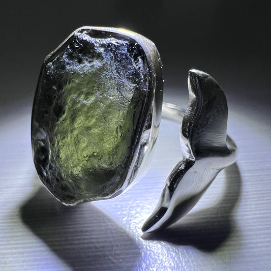 Whale's Tail Design Silver Moldavite Ring