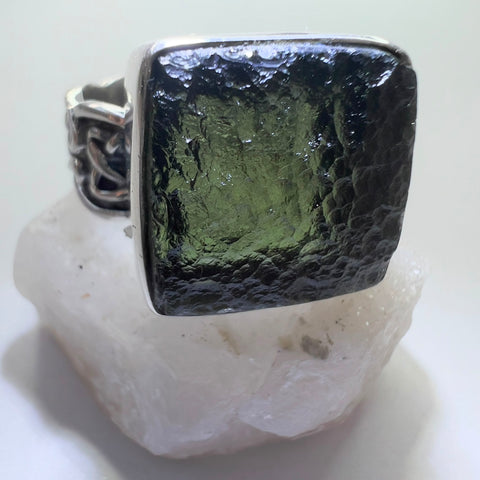 Moldavite Ring in Sterling Silver – Size 8.5 | 3.6g | Marouskovo Pole
