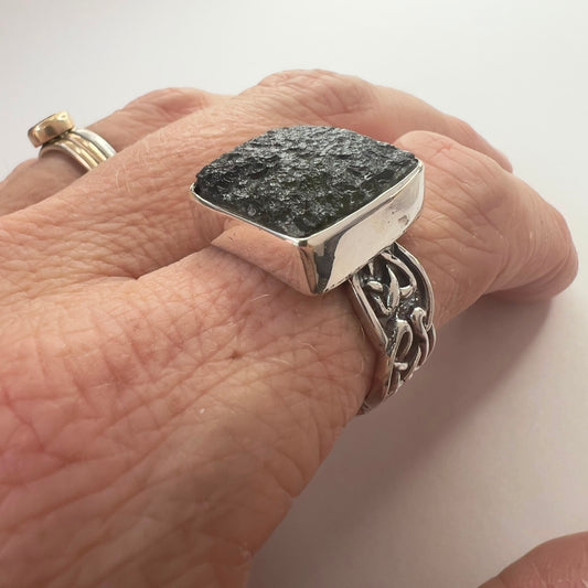 Moldavite Ring in Sterling Silver – Size 8.5 | 3.6g | Marouskovo Pole