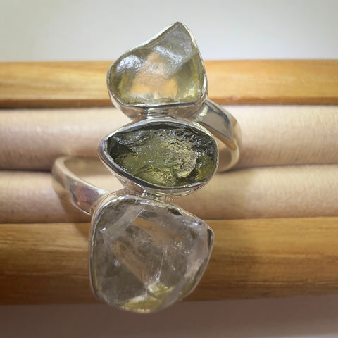 Sterling Silver Moldavite Ring with Herkimer Diamond & LDG | 0.3g | Chlum