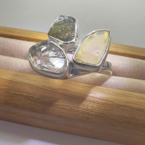 Sterling Silver Moldavite Ring with Herkimer Diamond & LDG | 0.4g | Chlum