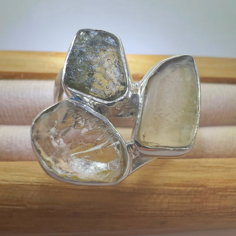 Sterling Silver Moldavite Ring with Herkimer Diamond & LDG | 0.4g | Chlum