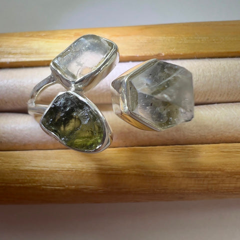 Sterling Silver Moldavite Ring with Herkimer Diamond & LDG  - Size 8(O) | 0.3g | Marouskovo Pole