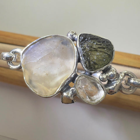 Sterling Silver Moldavite, Herkimer Diamond & LDG Hammered Bracelet | 0.6g | Chlum