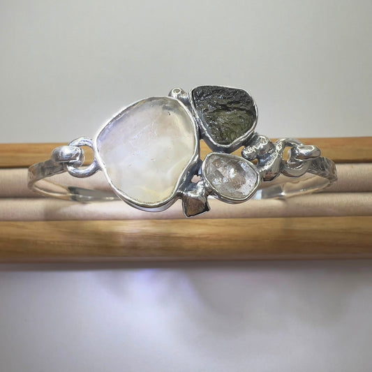 Sterling Silver Moldavite, Herkimer Diamond & LDG Hammered Bracelet | 0.6g | Chlum