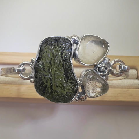 Sterling Silver Moldavite, Herkimer Diamond & LDG Hammered Bracelet | 3.33g | Marouskovo Pole